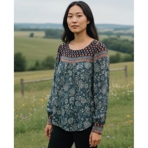 LOFT Blue Floral Print Long Sleeve Boho Peasant Blouse Top Women's Sz S Career #